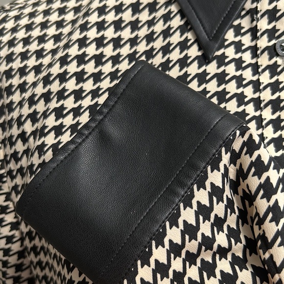 Lauren Ralph Lauren M Long Sleeve B/W Houndstooth Blouse w/ Vegan Leather Trim - Picture 6 of 11